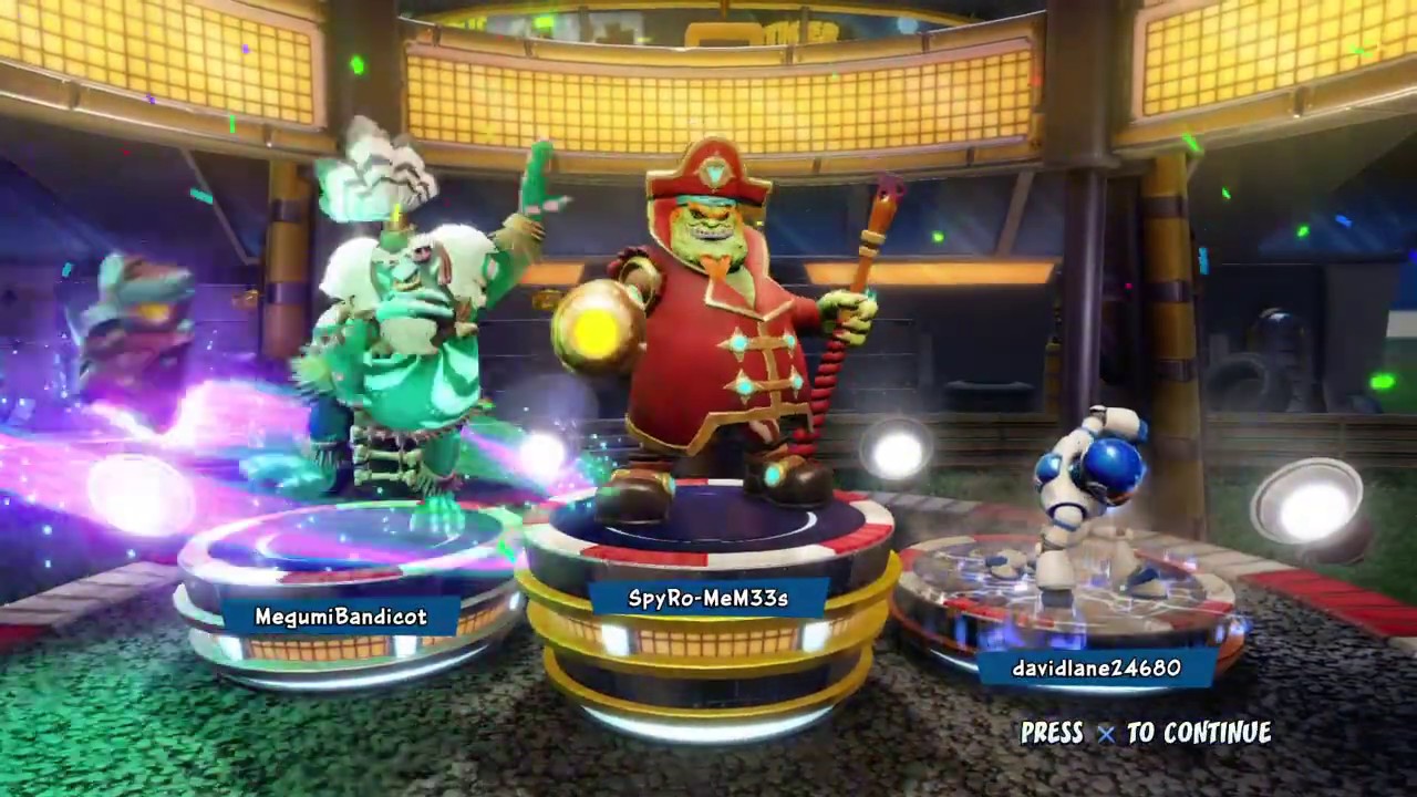 Captain Velo, Jurassic Krunk and Beenox Robot Geary Winning Podium. (Crash Nitro Fueled)