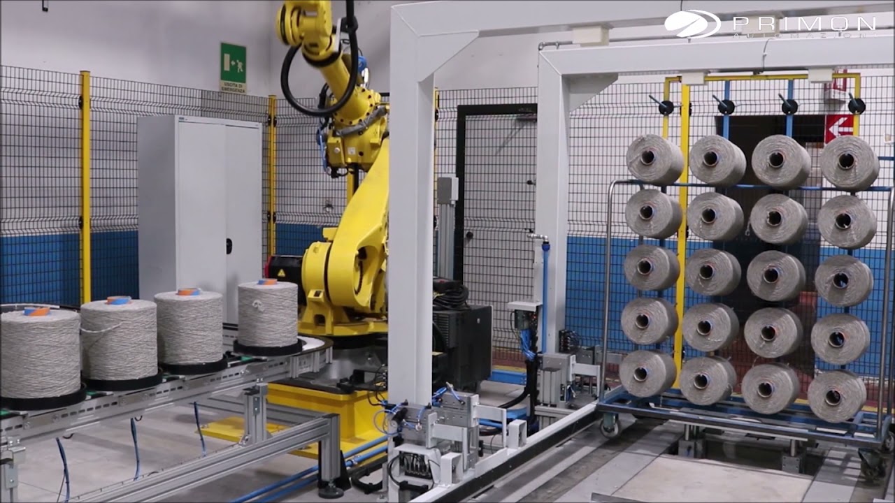 Trolley unloading and palletizing bobbins  line