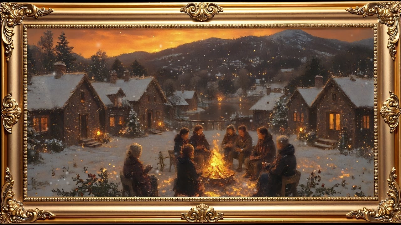Cozy Winter Village & Bonfire 🔥 Drifting Snowflakes: Animated Oil Painting 4K | Frame TV Art