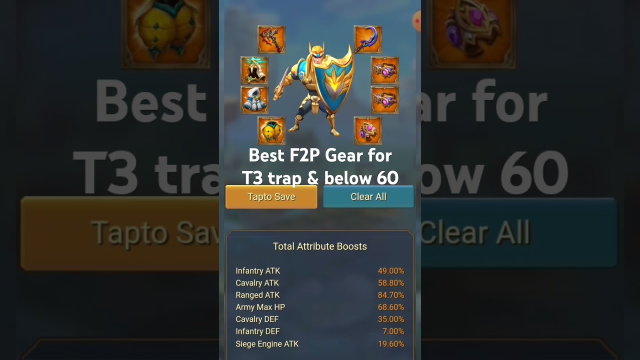Best F2P gear for t3 trap and leader level below 60 #lordsmobile