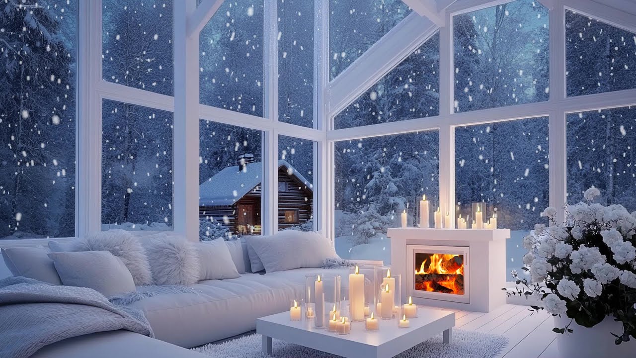 🪵🎹 Fireplace Piano Lounge in Winter | Snowfall, Firelight & Flowers | Focus Recharge Calm