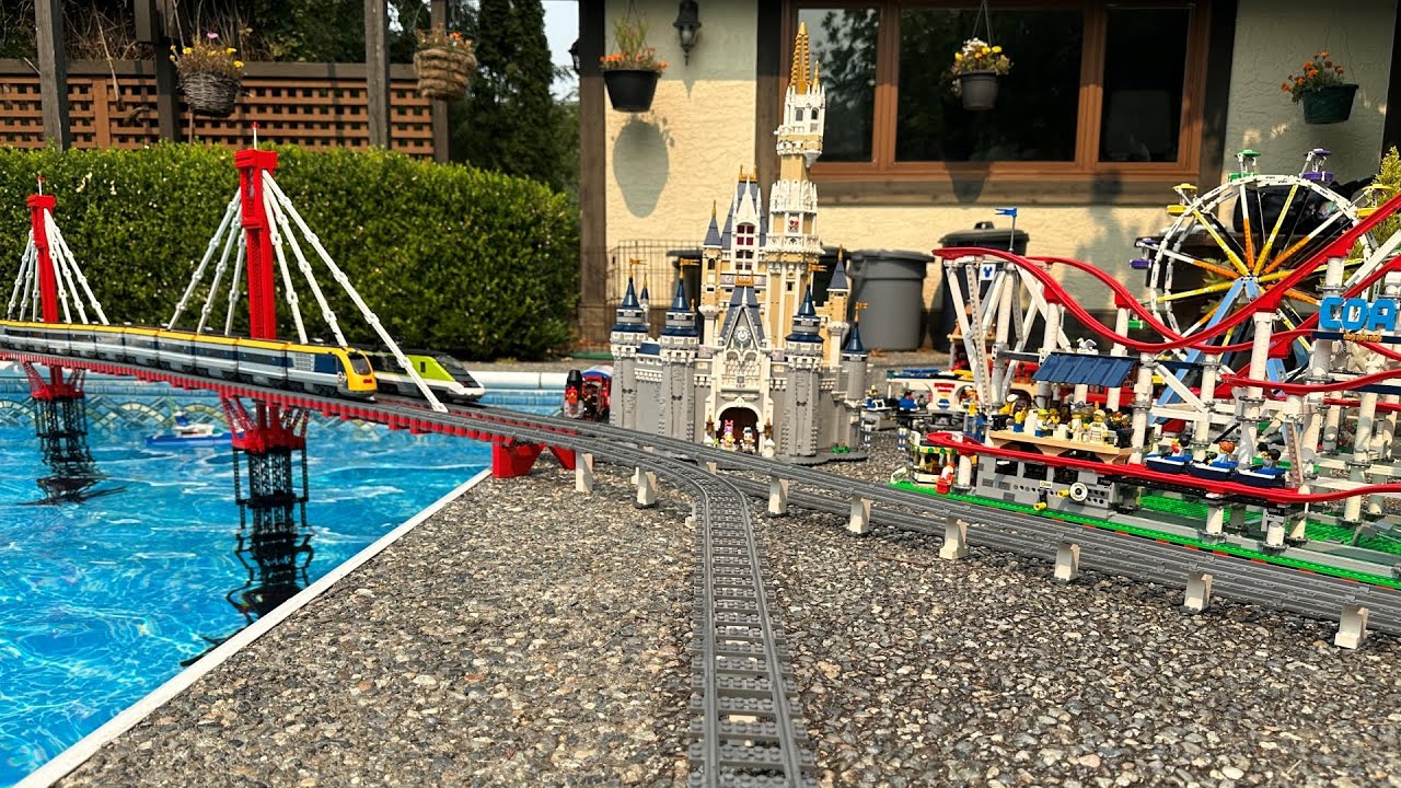 Lego Train Set Around the Pool - City and Cargo Trains