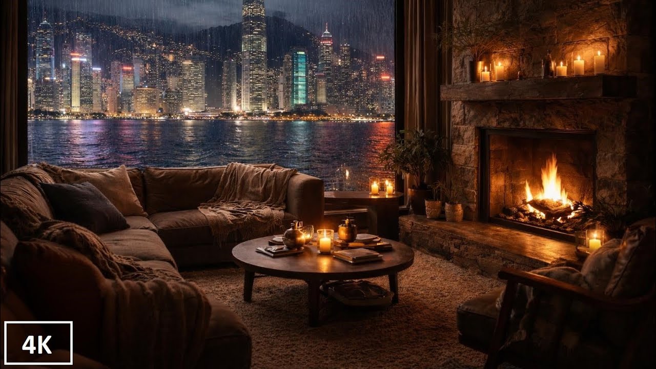 Luxury Cozy Hong Kong Rainy Night Ambience 🌃 Jazz & Fireplace Crackle | 4K City Relax