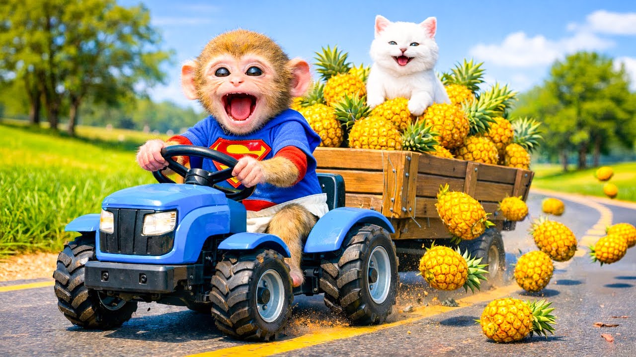 Monkey Farmer Harvests Pineapples And Rescues Cat.! - Monkey Farm Work | KoKo Monkey Farm