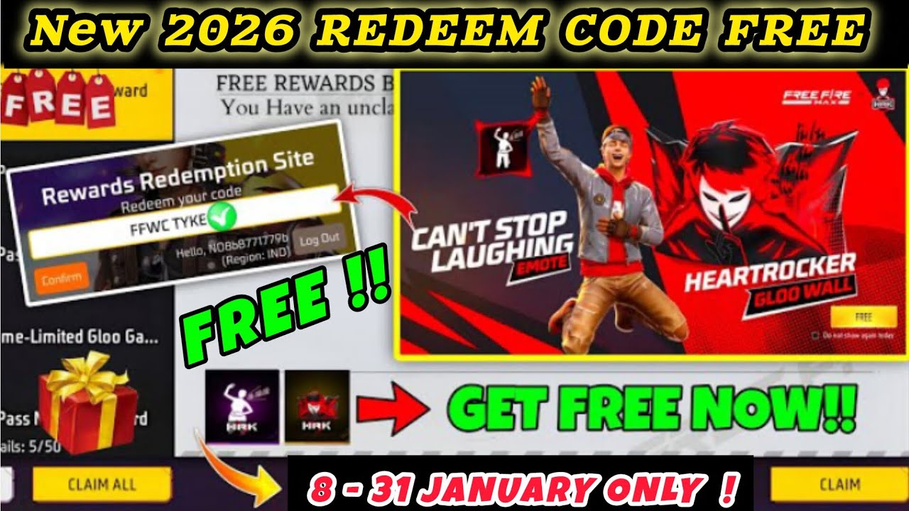 FREE FIRE REDEEM CODE TODAY 8 -  31 JANUARY |FF REWARDS REDEEM CODE|| | FF REDEEM CODE | | 2026 ||. 