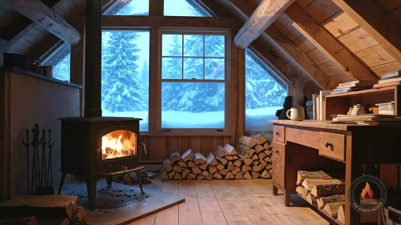 Cozy Winter Cabin Fireplace 4K | 10 Hours of Crackling Fire and Gentle Snowfall