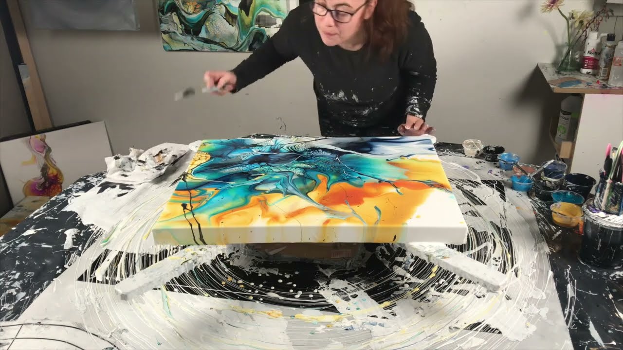 Break your routines. Happy Experimental mixed technique fluidart painting, throwing Cellactivator