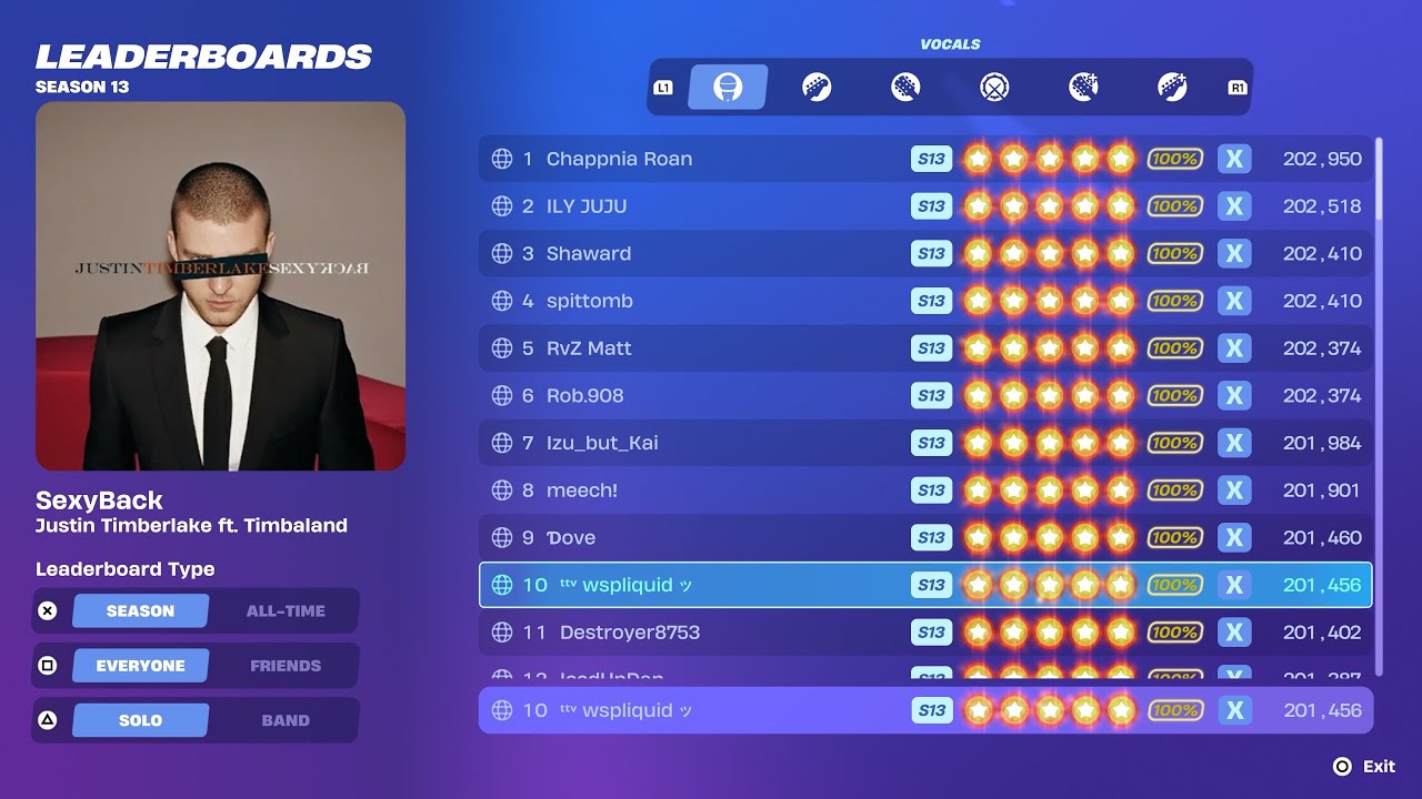 Fortnite Festival S13 ( TOP 10 ) Justin Timberlake ft. Timbaland - SexyBack Expert Vocals 100% FC