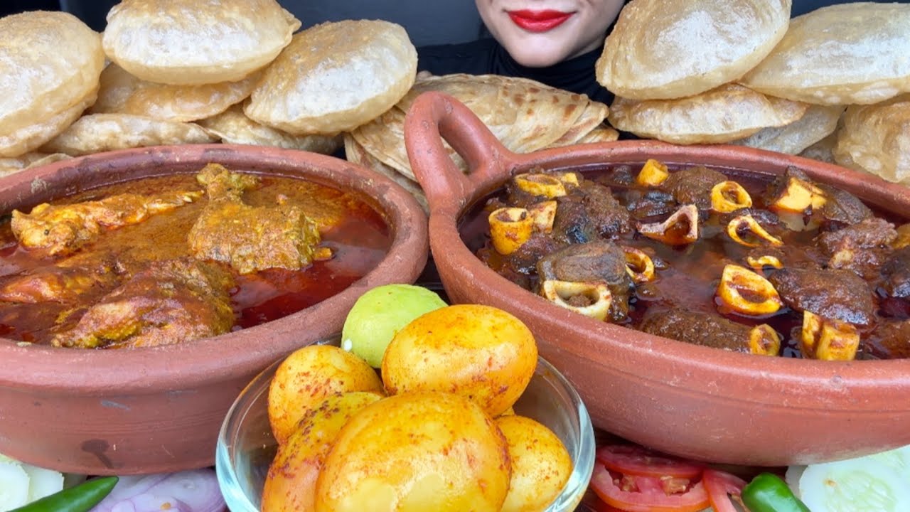 ASMR EATING HANDI MUTTON CURRY,HANDI CHICKEN CURRY,PURI,LACCHA PARATHA,EGGS