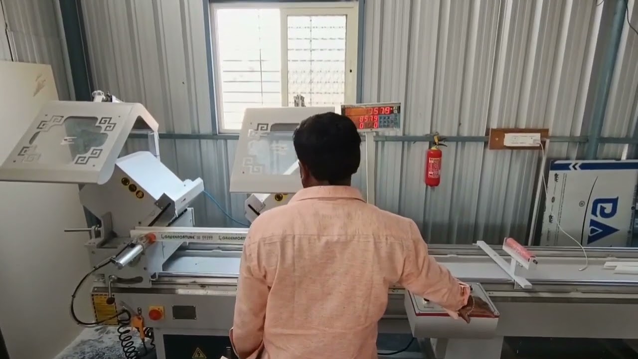 Upvc windowsanddoors double Head cutting machine with digital display and safety covers. #glormax