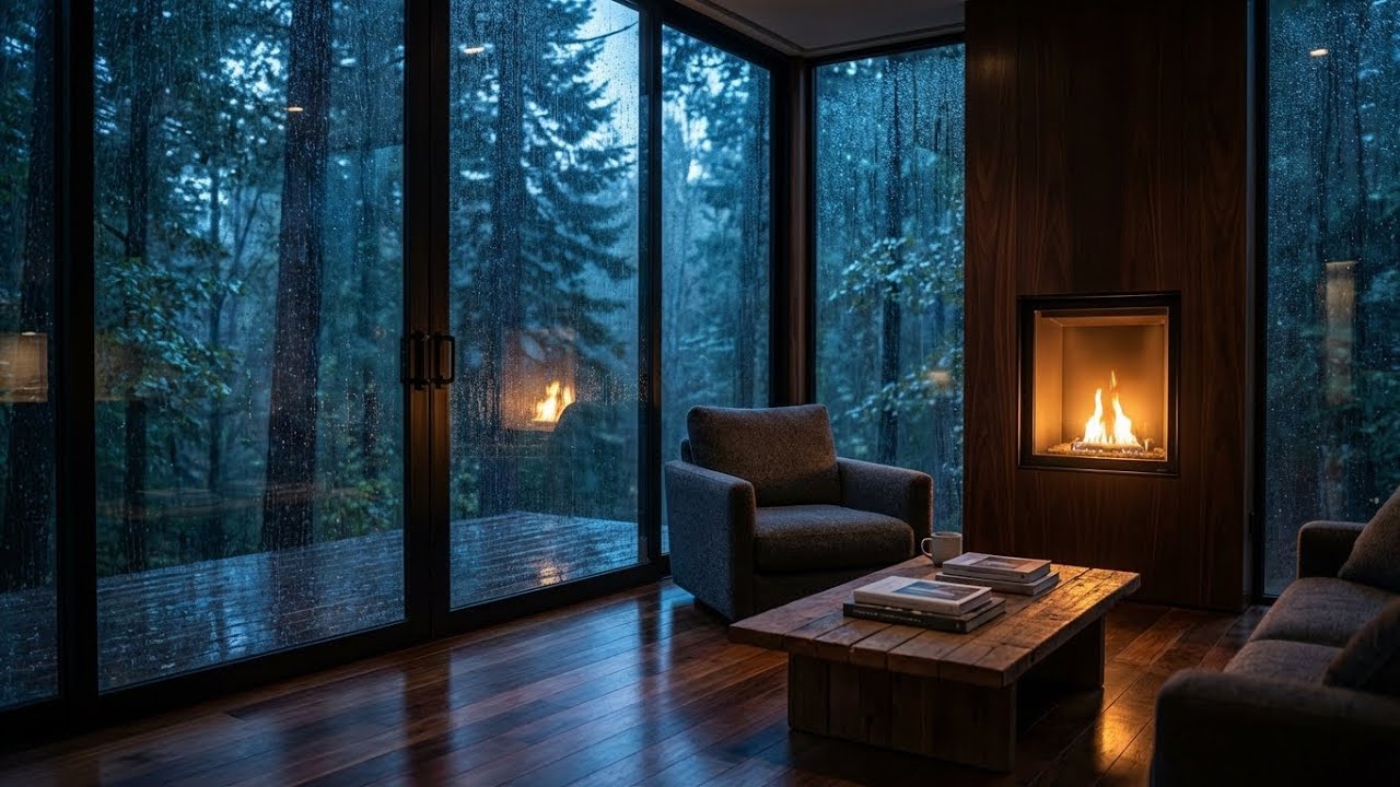 Total Peace... Heavy Rainfall, Cosy Dark Cabin with Fireplace, Fall Asleep in Under 5 Mins 😴🌧️