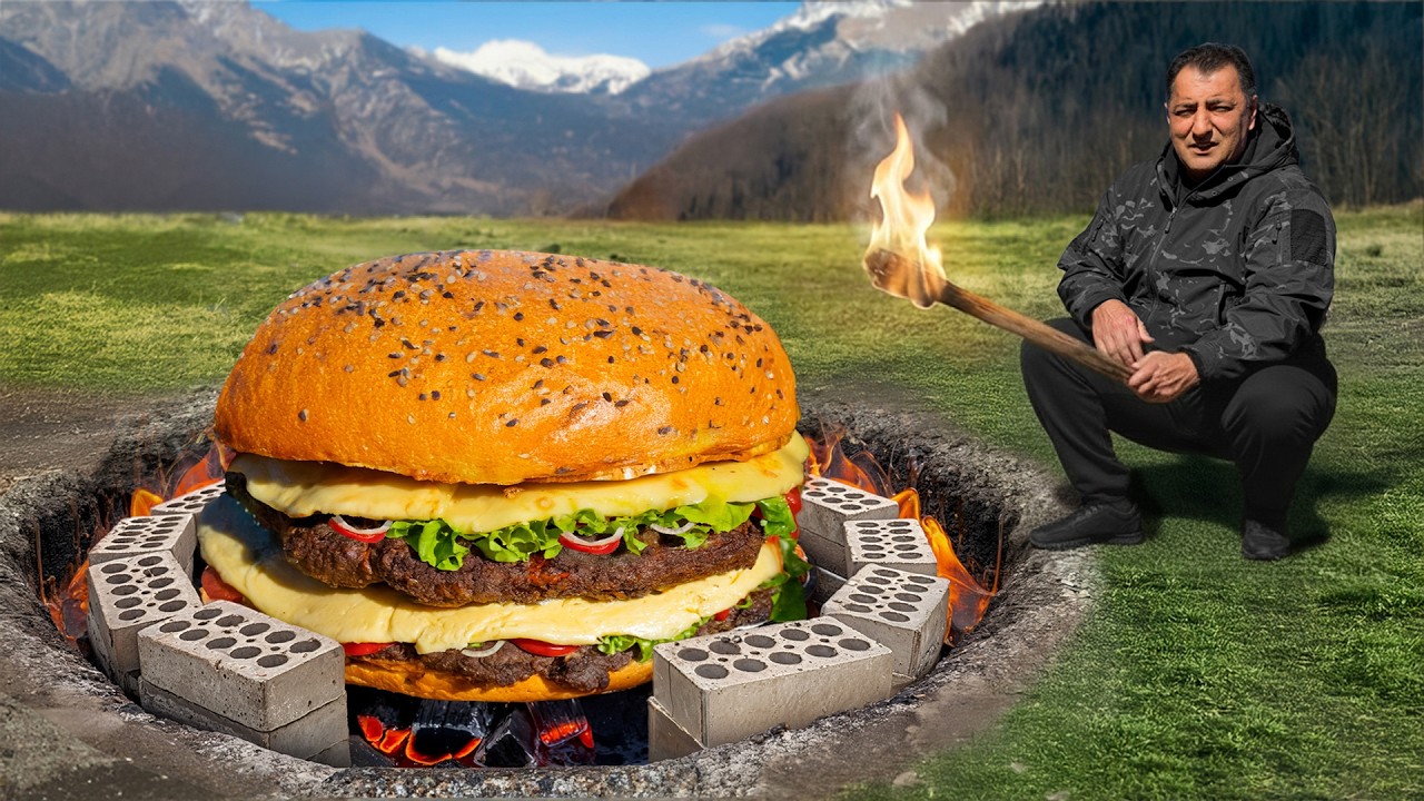 🍔🔥 حضّرتُ برغرًا عملاقًا في قلب الطبيعة البرية!
