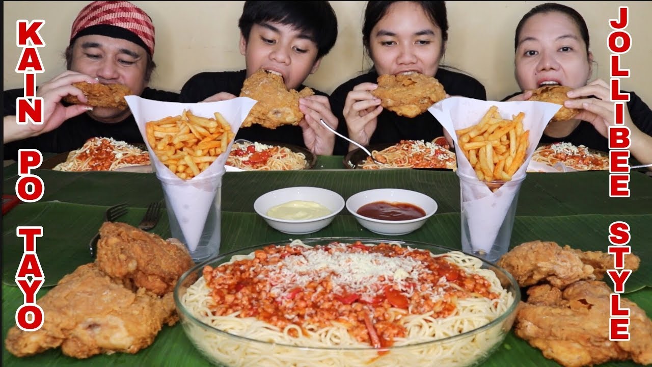 Delicious Spaghetti Jollibee style,Huge Fried Chicken,Garlic Cheese French Fries Pinoy Mukbang #65