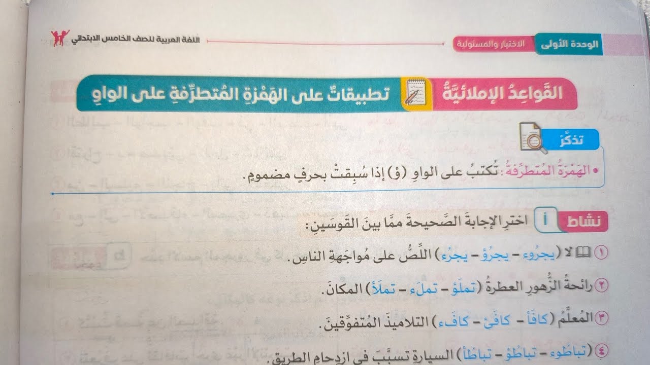 القواعد الإملائية (تطبيقات الهمزة المتطرفة على الواو) للصف الخامس الابتدائي الفصل الدراسي الثاني2026