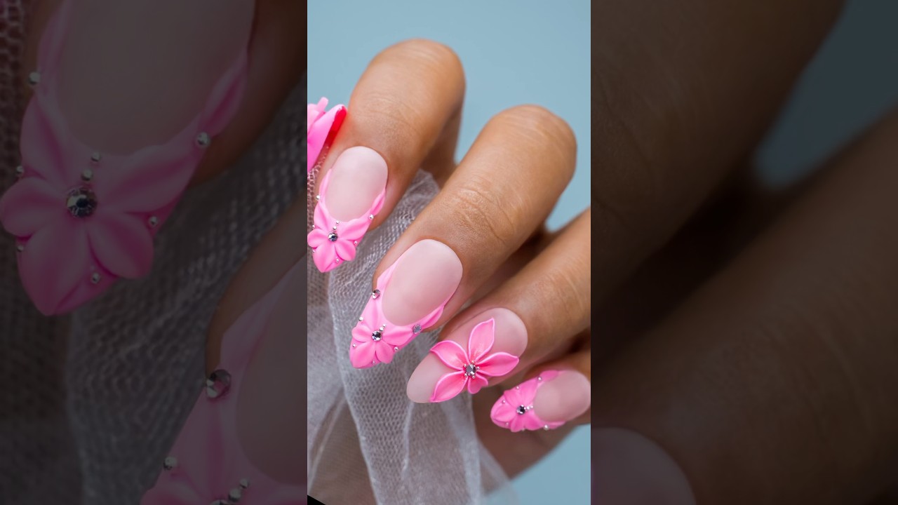 Pink French Flower 3D Nail Art 