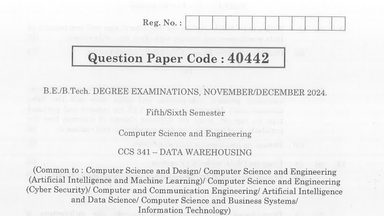 CCS341 | Data Warehousing | Nov Dec 2024 | Anna University | Previous Year Questions |