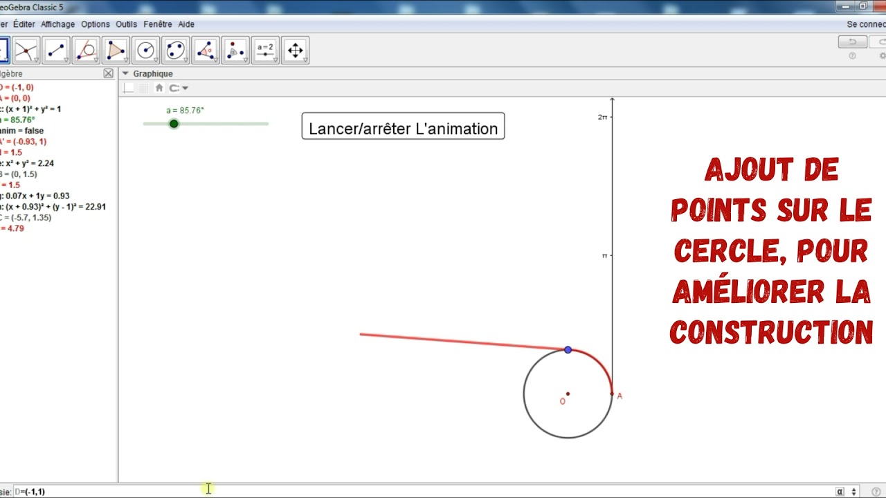 Étape par étape, enrouler le cercle trigonométrique par la droite réelle sous geogebra.