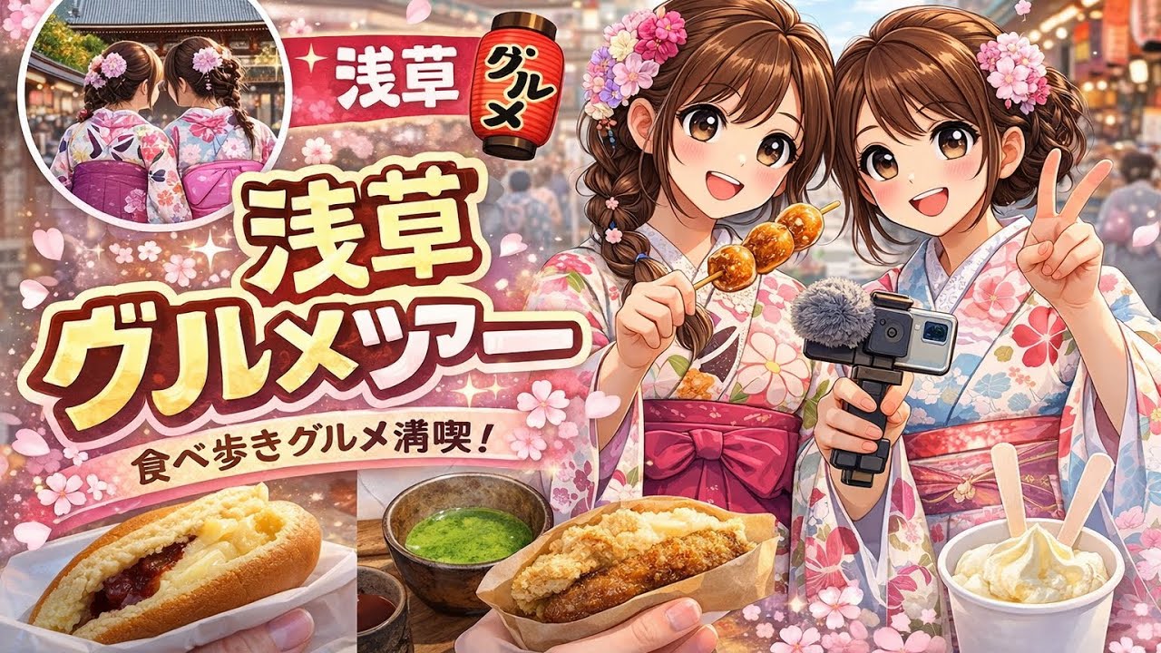 【浅草】4K 女2人の食べ歩き女子旅👭レンタル着物で大正ロマン気分👘餅つき体験＆芋パフェ＆うなぎ焼きおにぎり🍘映えすぎ浅草グルメVlog