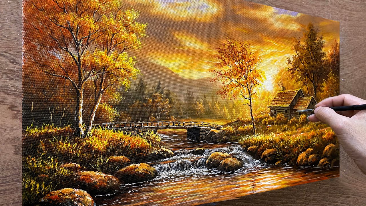 How to draw a house next to a stream / Sunset landscape / Acrylic painting / A Lu Art.