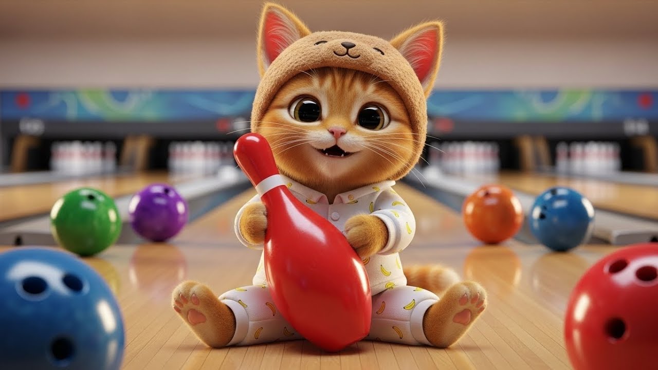 Mama Cat and Ginger Kitten Visit the Bowling Alley for the First Time