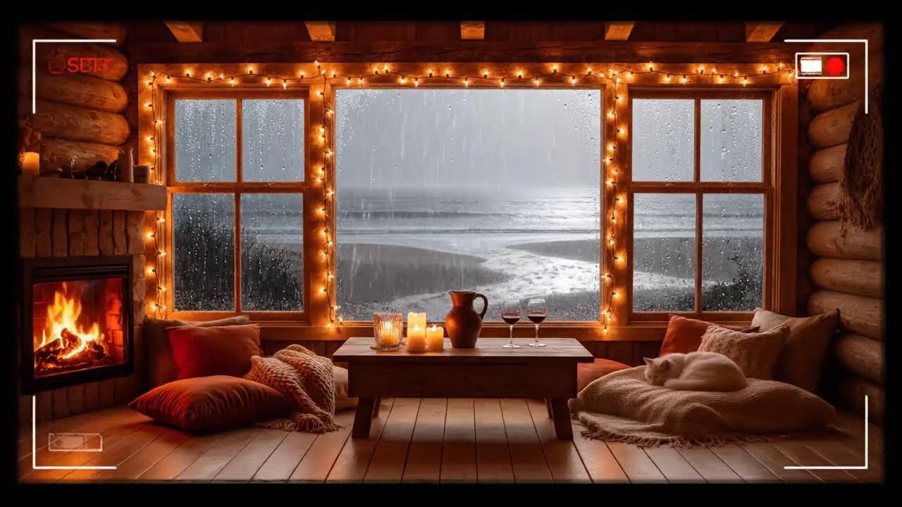 Escape to a Cozy Cabin: Rain, Fireplace & Relaxing Jazz ☕ NO ADS #CozyAmbience