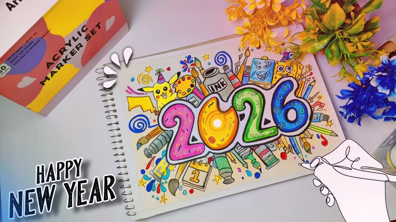 New Year🎊 Drawing 2026 , Doodle Art , Step by Step Tutorial| #trending 