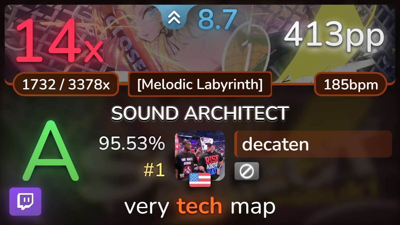 🔴 8.7⭐ decaten | Kyutatsuki - SOUND ARCHITECT [Melodic Labyrinth] 95.53% #1 | 413pp 14❌ - osu!