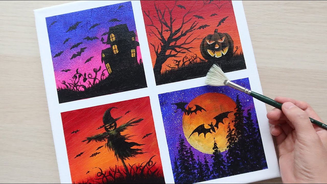 4 Easy Halloween Paintings (Part 1) / Haunted house / Pumpkin / Bat / Full moon / Scarecrow / Spider