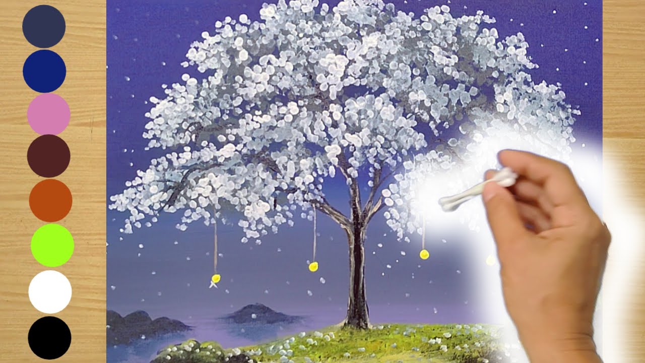 How to Paint Tree Easy whit Cotton Swabs/ Acrylic Painting Landscape on Canvas for Begnners