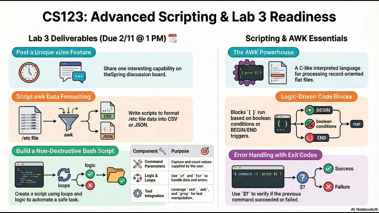 CS123 Class 3 Podcast: Automating Linux Administration with vi, awk, and Bash