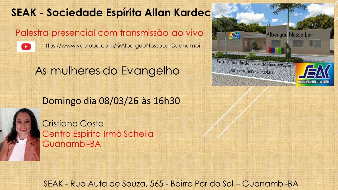 Palestra com Cristiane Costa no Allan Kardec domingo (08-03) às 16h30.
