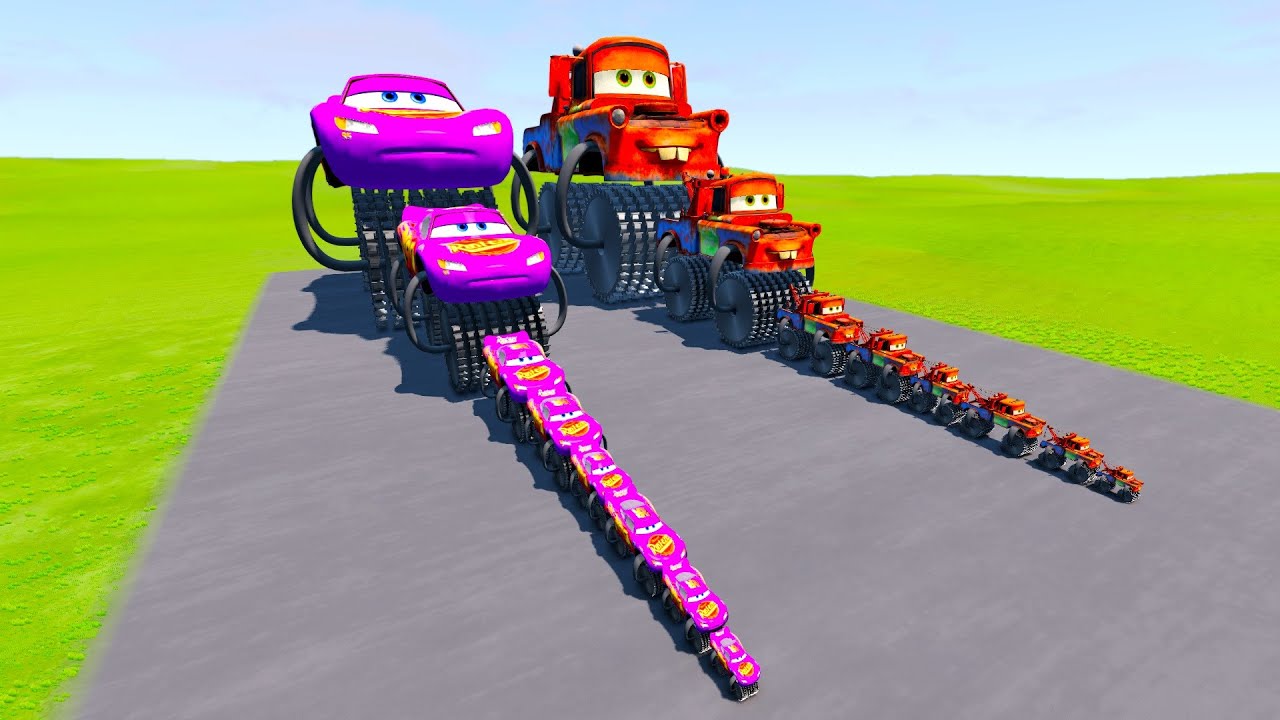 Big & Small: Lightning Mcqueen vs Tow Mater Double Monster Saw Wheels vs Trains | BeamNG.Drive