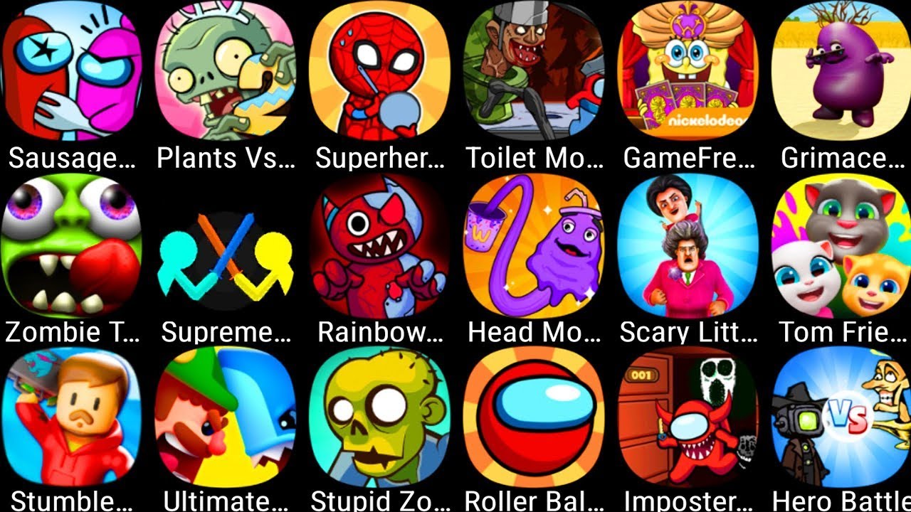 Toilet Monster,Grimace Survival,Superhero Play 456,Tom Friends,Stumble Guys,Plants Vs Zombies 2