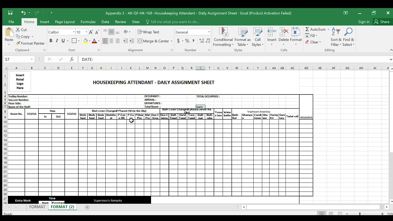 Housekeeping Attendant   Daily Assignment Sheet   Excel