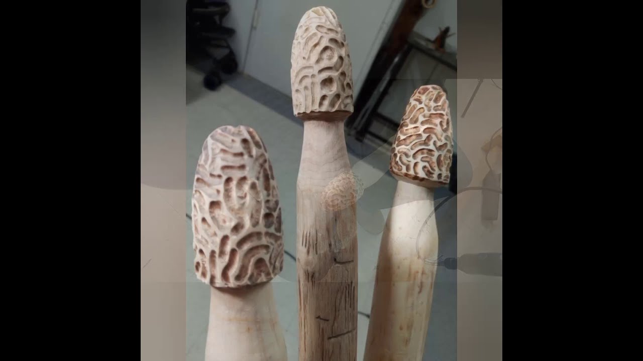 Carving a morel mushrooms walking stick.