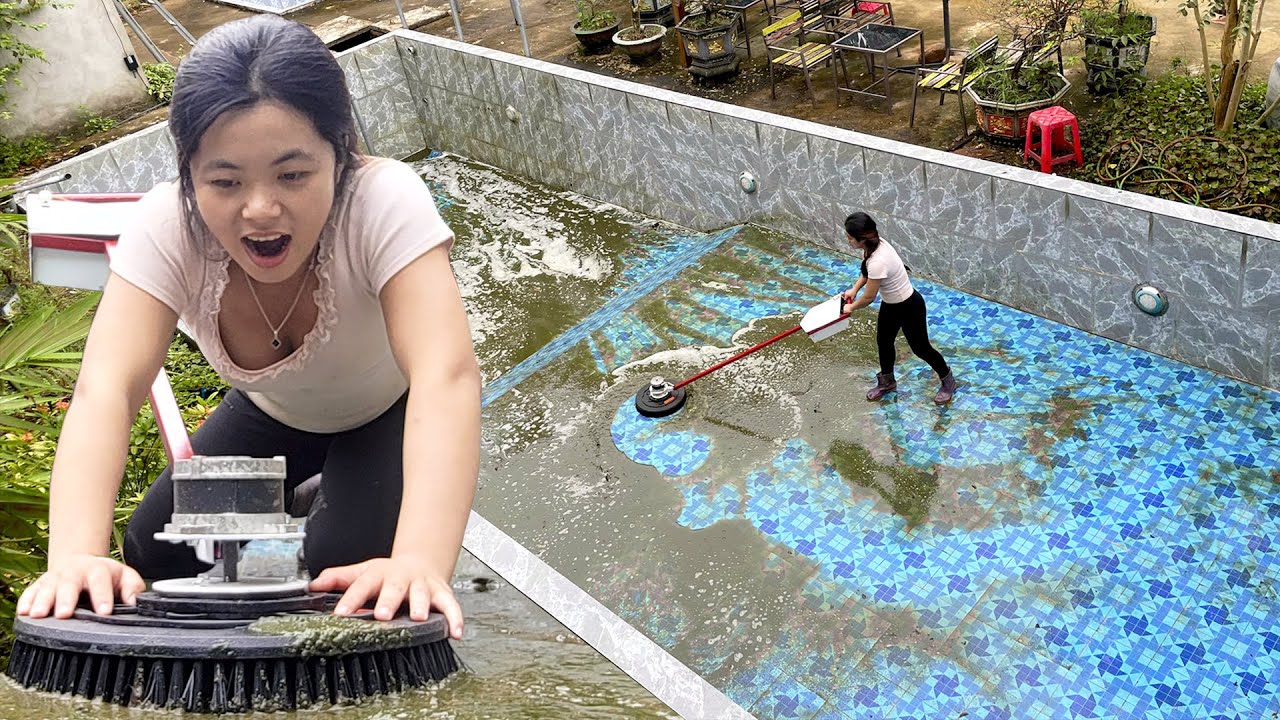 Repair Girl Builds Electric Broom to Clean an Extremely Dirty Pool