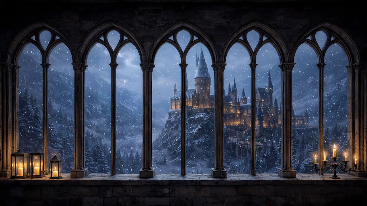 Medieval Castle Winter Window View | Cozy Snow Ambience & Fantasy Music for Deep Relaxation