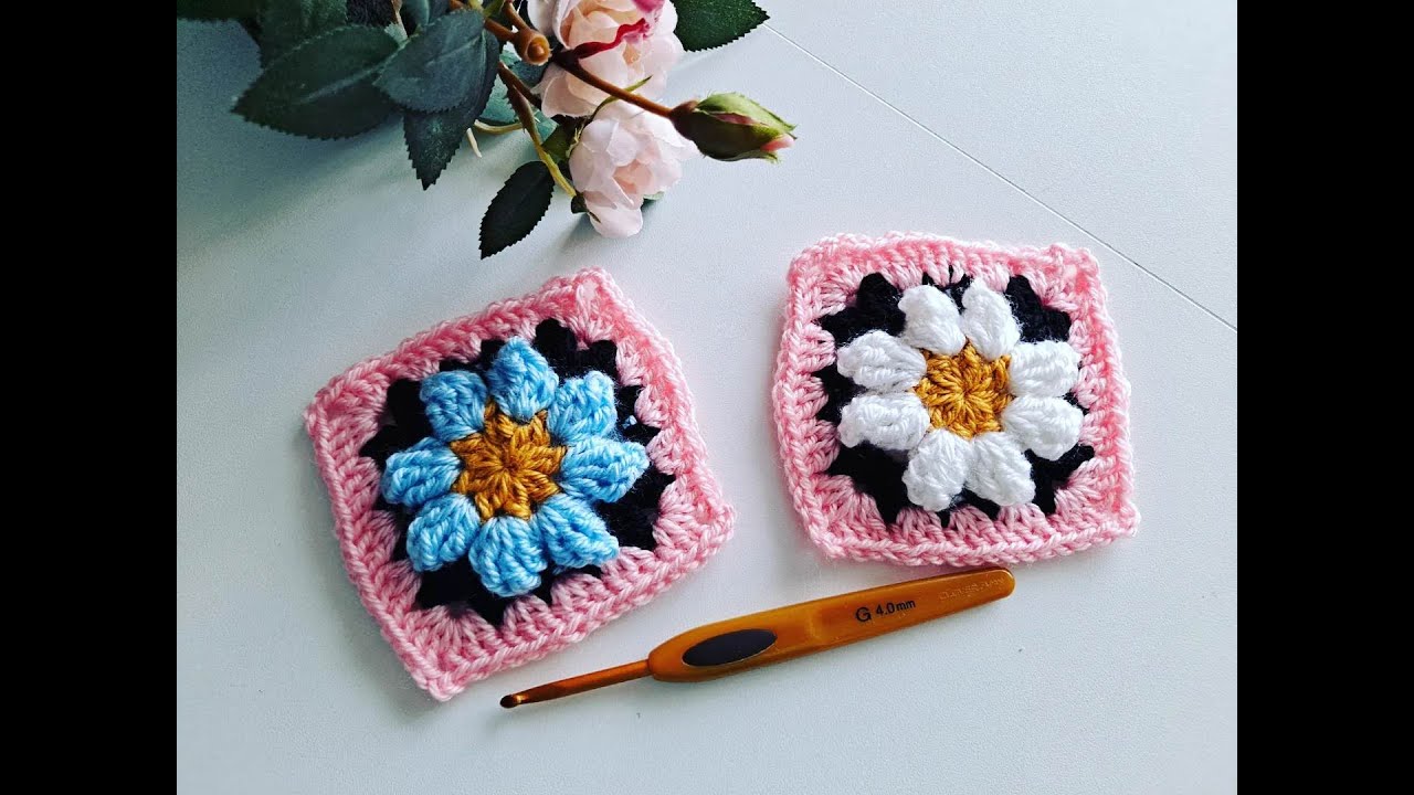 Kwadrat babuni z kwiatkiem WITH SUBTITLES - Crochet granny square with flower