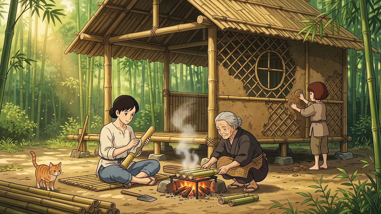A Day with Three Generations in a Bamboo Build 🌲 Bamboo Tube Rice & Rainy Night | Ghibli-Style ASMR