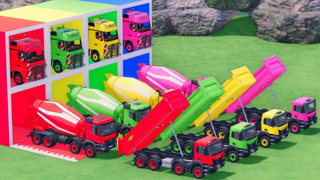 Trucks With COLORS - MERCEDES MIXER TRUCK and IVEOC DUMP TRUCK with FLATBED TRAILER TRUCK - FS22