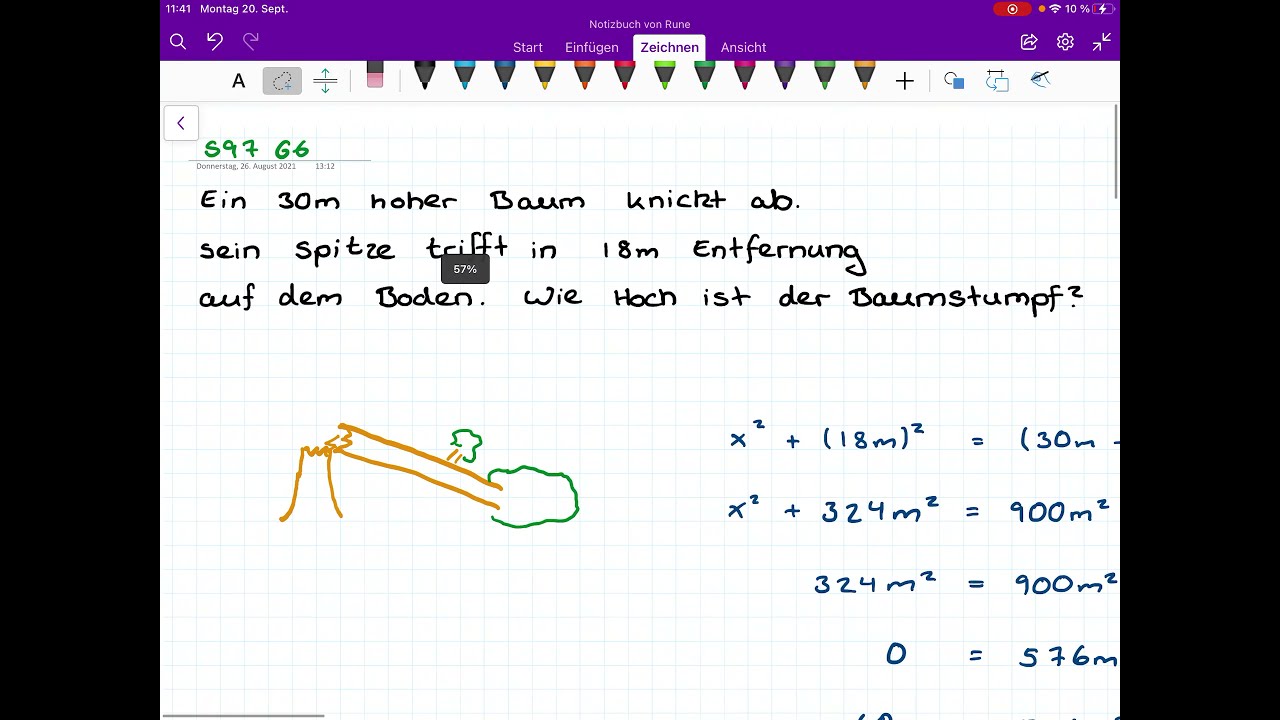 Satz des Pythagoras: Abgeknickter Baum (berechne die Höhe des Baumstumpfes)