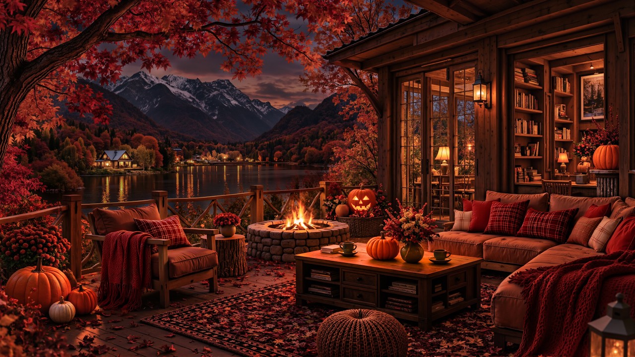 Quiet Fall Evening at a Cozy Lakeside Porch 🎃 | Pumpkin Glow, Fireplace & Smooth Jazz for Sleep