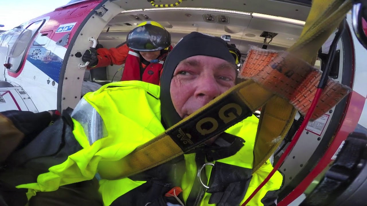 Rescue Training in North Sea with helicopter and rescue boat.