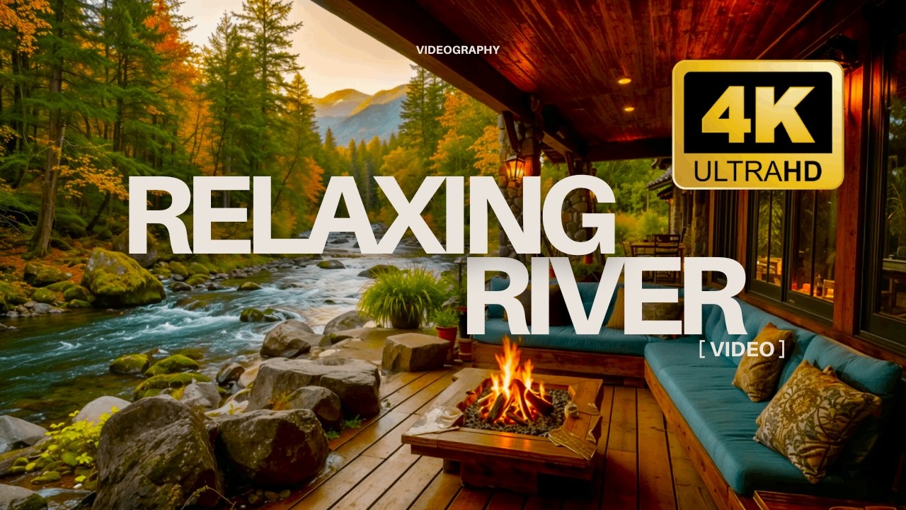 Cozy Riverside Cabin Ambience: Gentle River, Birdsong, and Crackling Fire |  Sleep, Study & Focus 4K