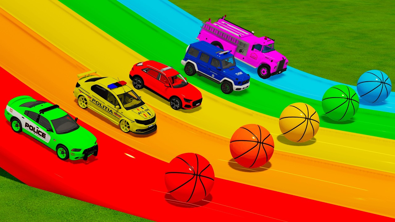TRANSPORTING COLOR CARS DODGE, DACIA, AUDI, MERCEDES, FIRE ENGINE WITH SCANIA TRUCK