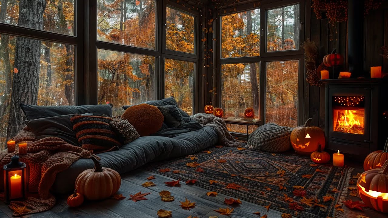 Cozy Room Ambience: Fireplace and Autumn Rain for Study and Work
