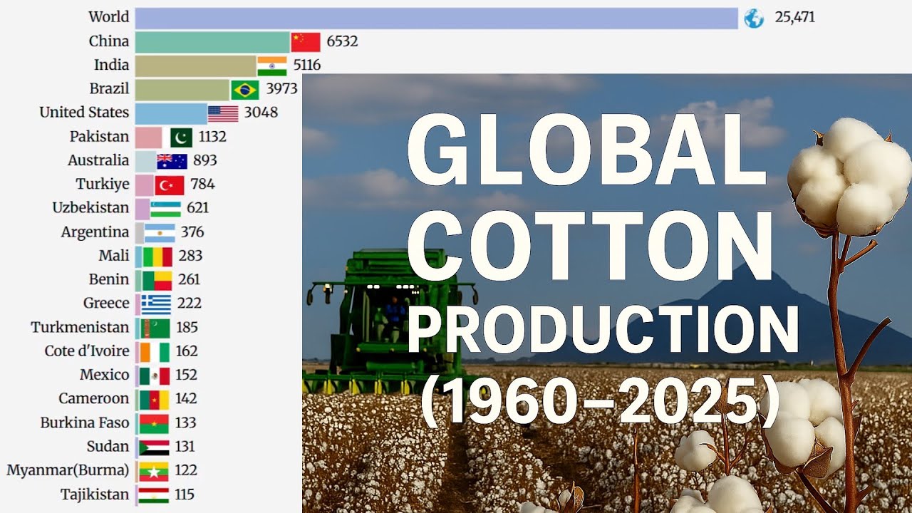 Global Cotton Production Race (1960–2025) 🌎 | Top 20 Countries & World Total