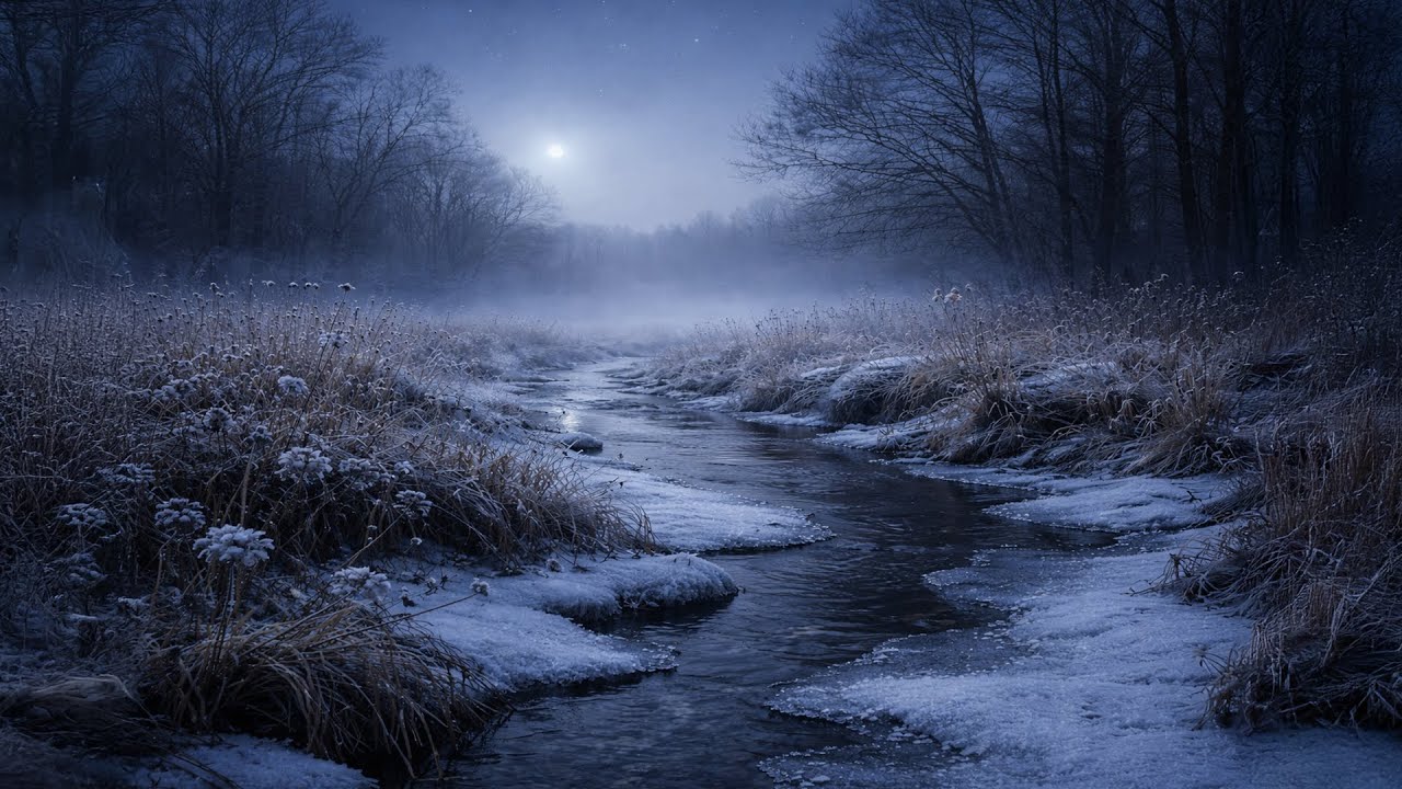 Moonlit Winter Stream 🌙 2 Hours of Soft Piano & Gentle Water Sounds for Sleep