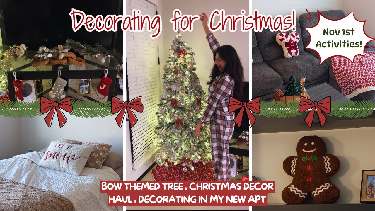 Putting up my Christmas tree & decorations on Nov 1st🎄| Bow themed tree & decorating in my new apt!