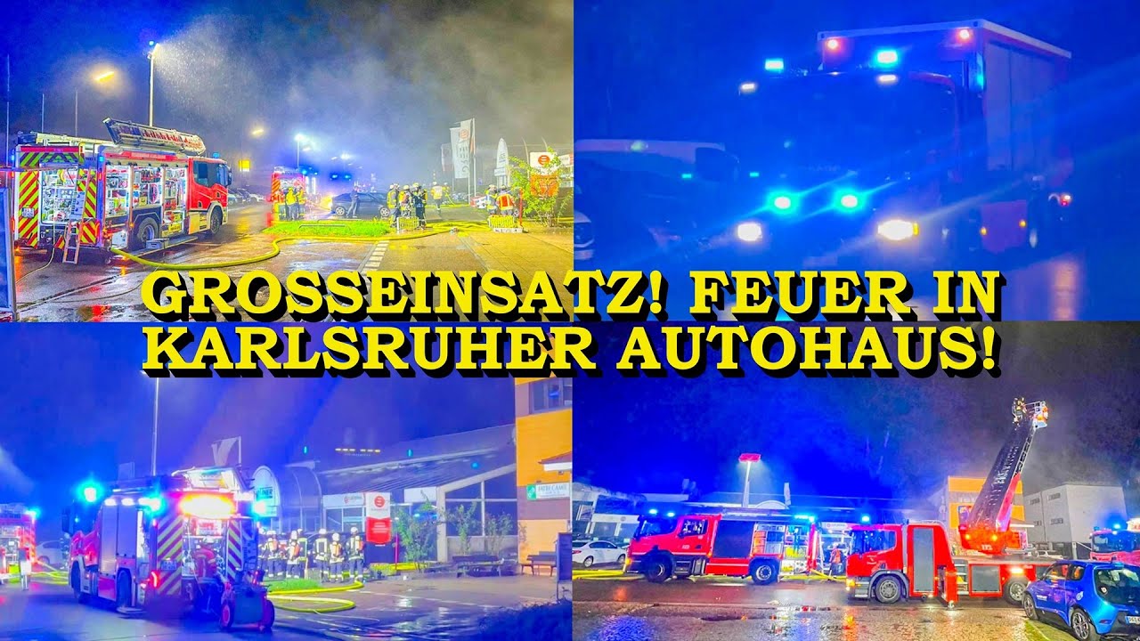 [ELEKTROROLLER IN HALLE IN FLAMMEN] ~ FEUER WÜTET IN AUTOHAUS - GROSSEINSATZ FEUERWEHR KARLSRUHE ~